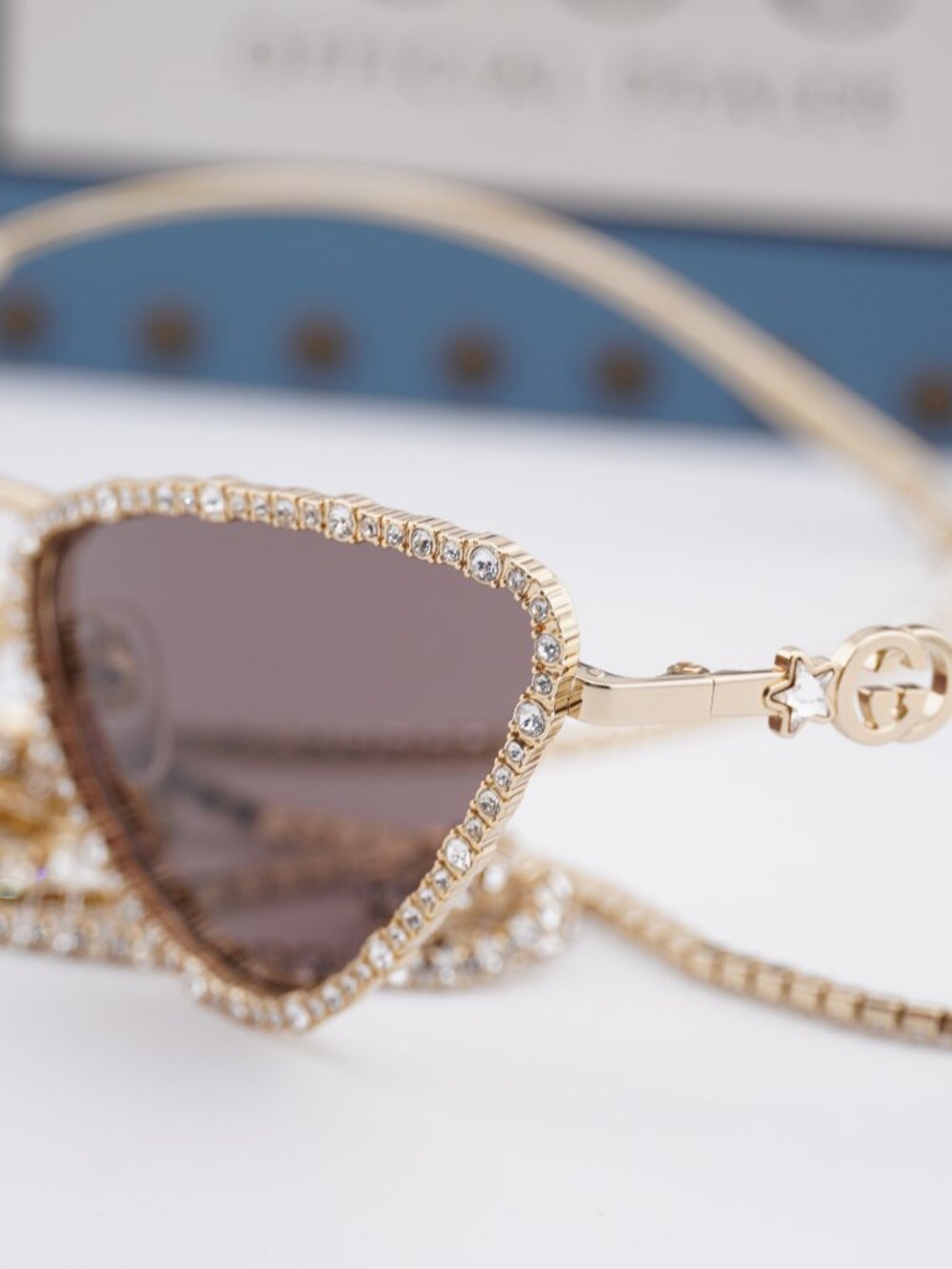 Gucci GG1569S 001 Cat Eye Sunglasses - Gold with White Stone / Brown - Picture 2 of 12